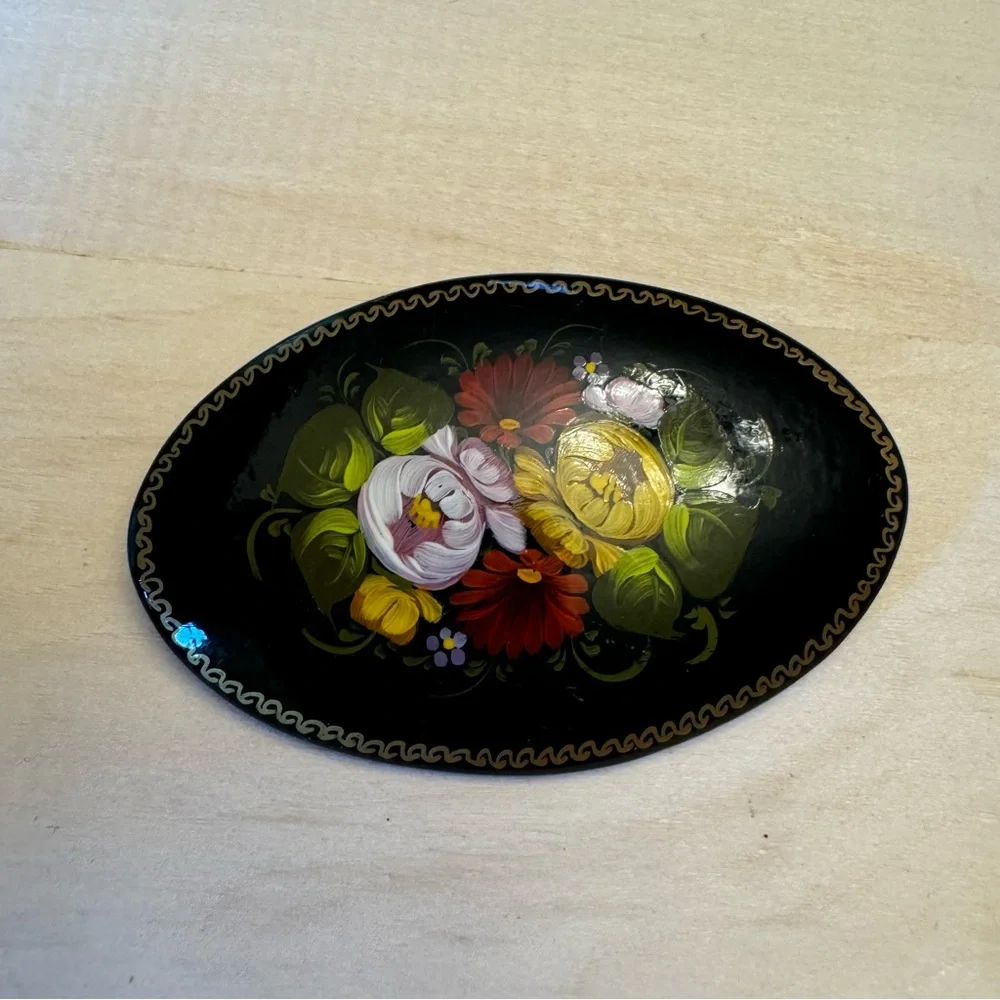 Signed Black Lacquered Floral Brooch Russian Pin Wood Hand Painted Vintage